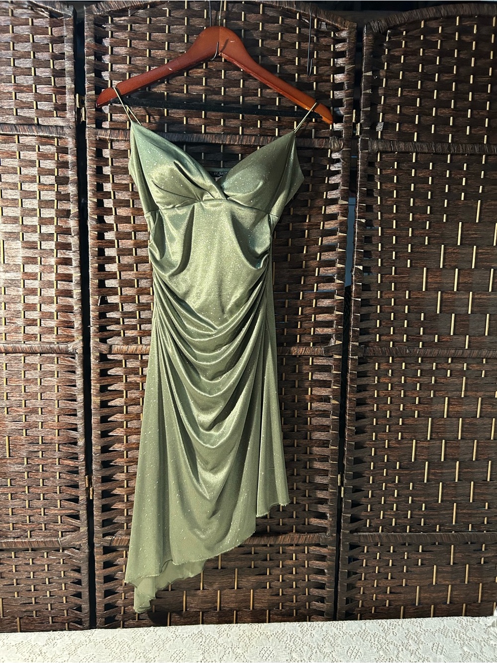 Asymmetrical Olive Green Draped Slip Dress with Sparkle